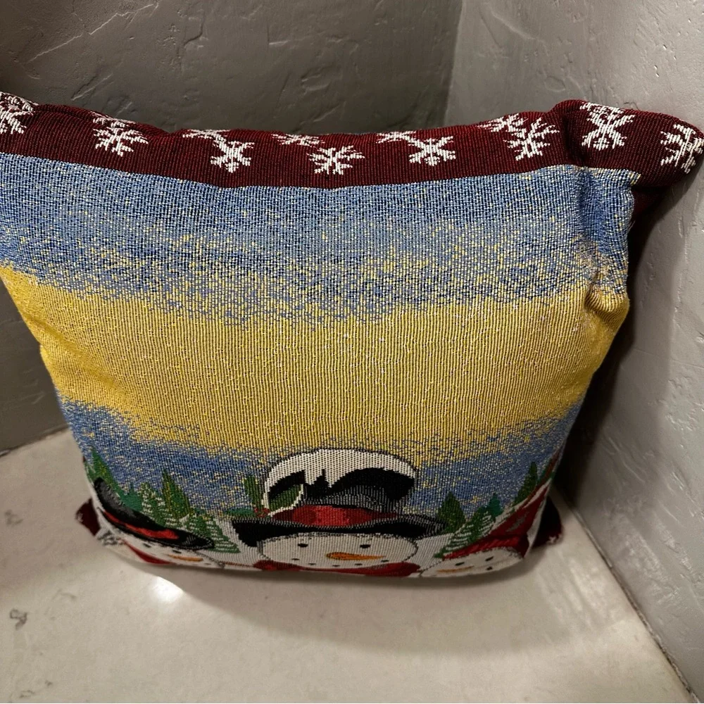 Christmas Tapestry Fabric Pillow Winter Snowman Family Double Sided 18x18
